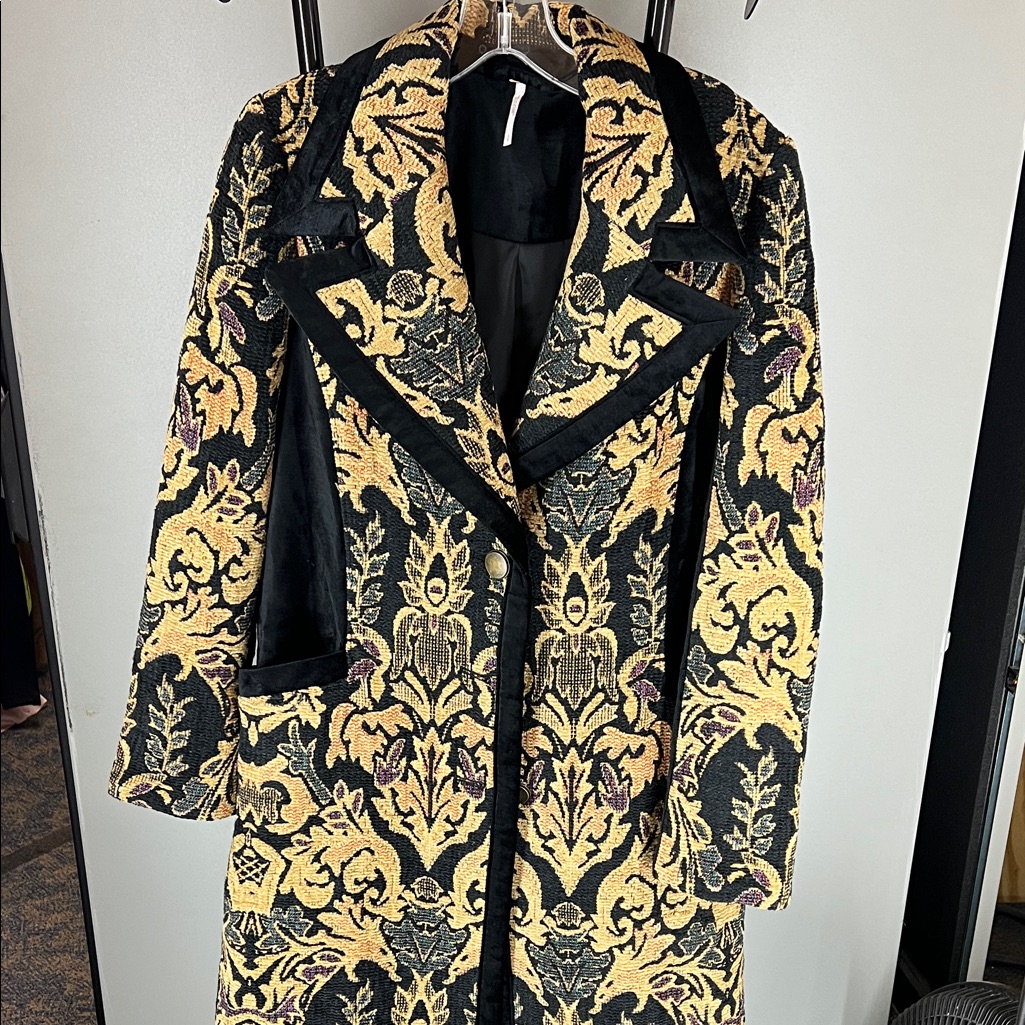 Free People Black And Gold Jacquard Coat